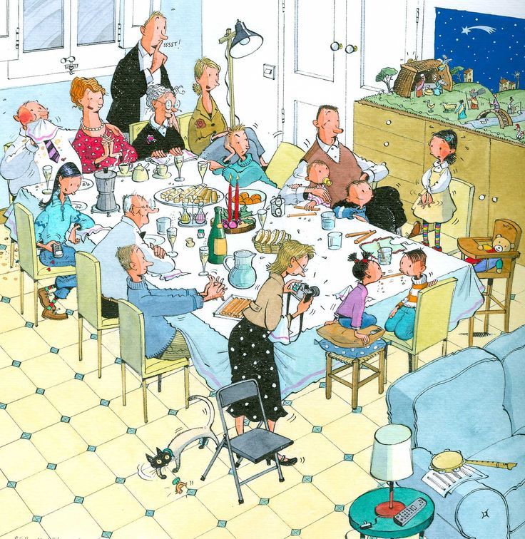 Illustration of extended family celebrating Christmas dinner together around a large dining table in a home