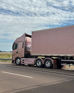 Pink semi-truck with enclosed trailer on a paved road under a partly cloudy sky