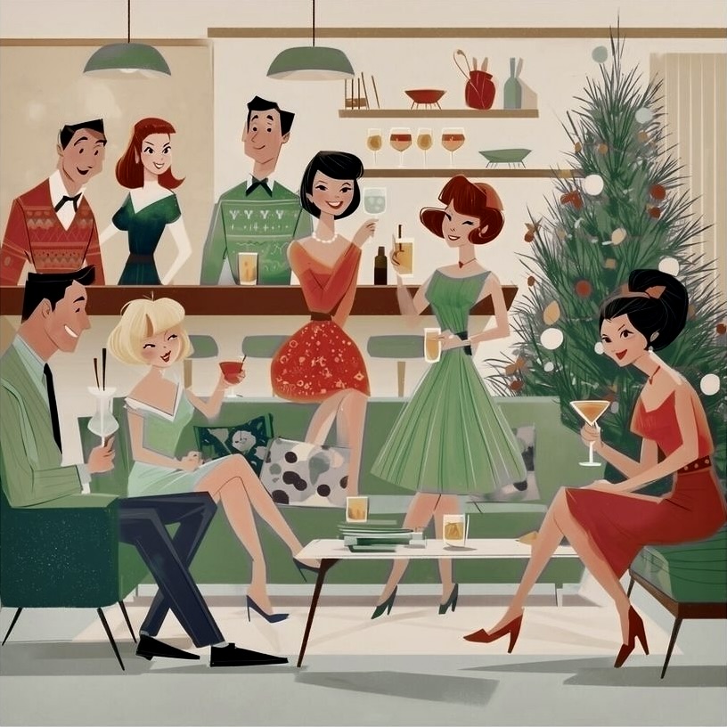 Retro 1950s style illustration of people at a Christmas party with decorated tree and festive gathering