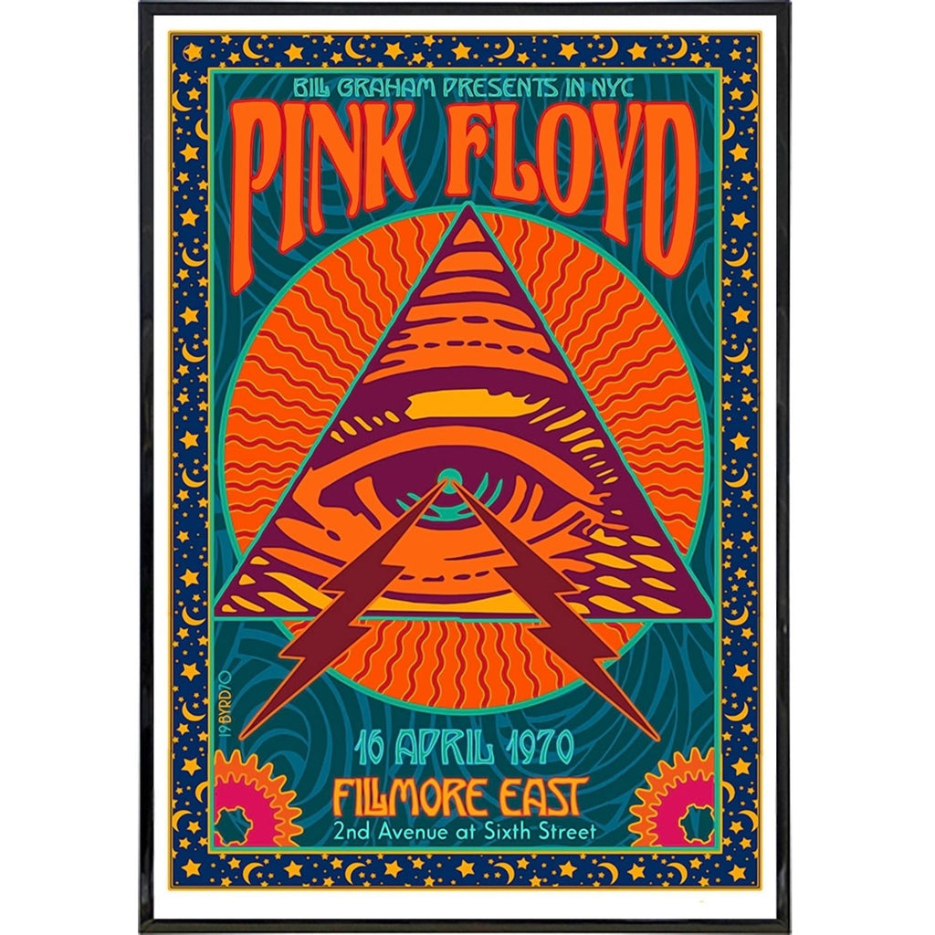 Pink Floyd 1970 Fillmore East concert poster with psychedelic orange triangle and eye design on blue background