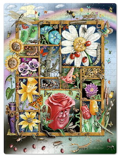Illustrated collage of bugs, flowers, ladybugs, dragonfly, and rainbow in ornate framed panels
