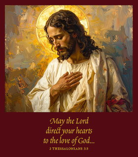 Religious painting of Jesus with halo and hand on chest above a Bible verse text