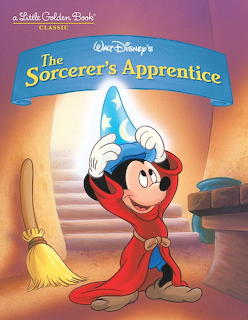 Mickey Mouse as sorcerer in blue hat and red robe with raised arms in magical pose