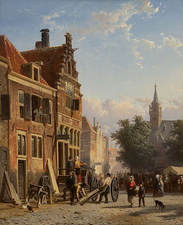 Oil painting of a busy Dutch street with old gabled buildings, townspeople, a cart, and a church spire