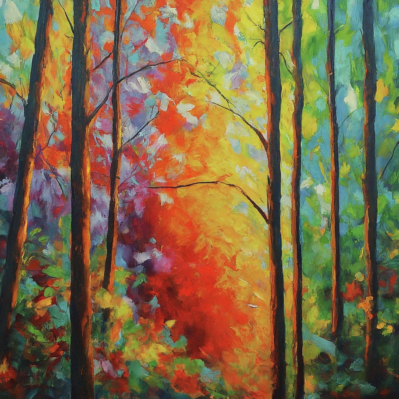 Impressionist painting of autumn forest with bright orange and red foliage between dark tree trunks