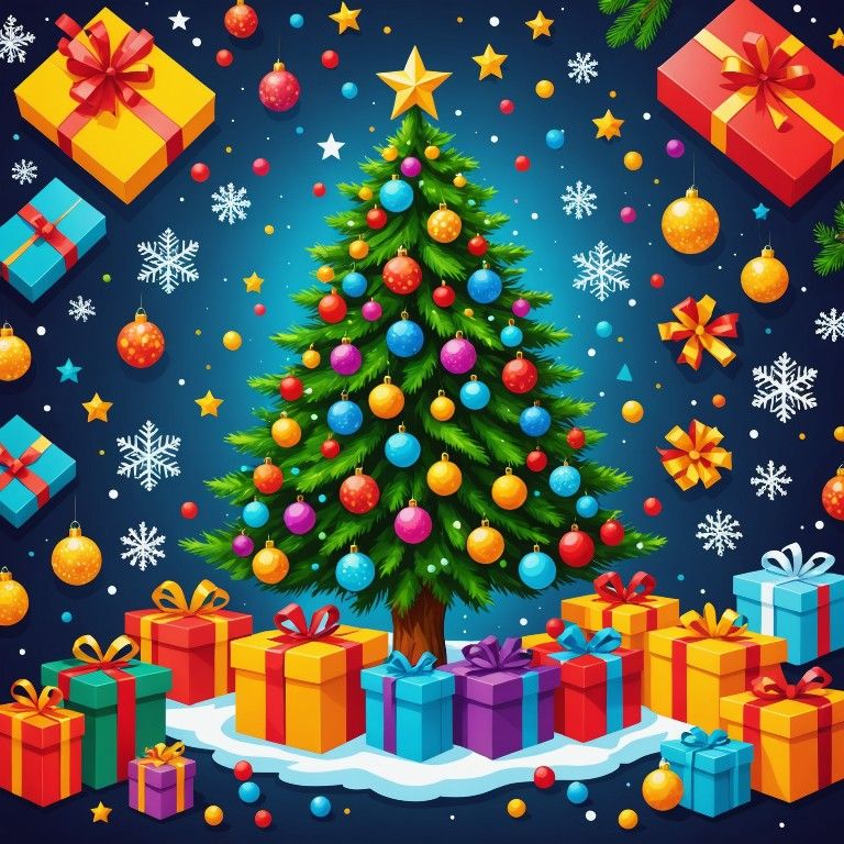 Decorated Christmas tree with colorful ornaments and wrapped presents underneath on blue background with snowflakes
