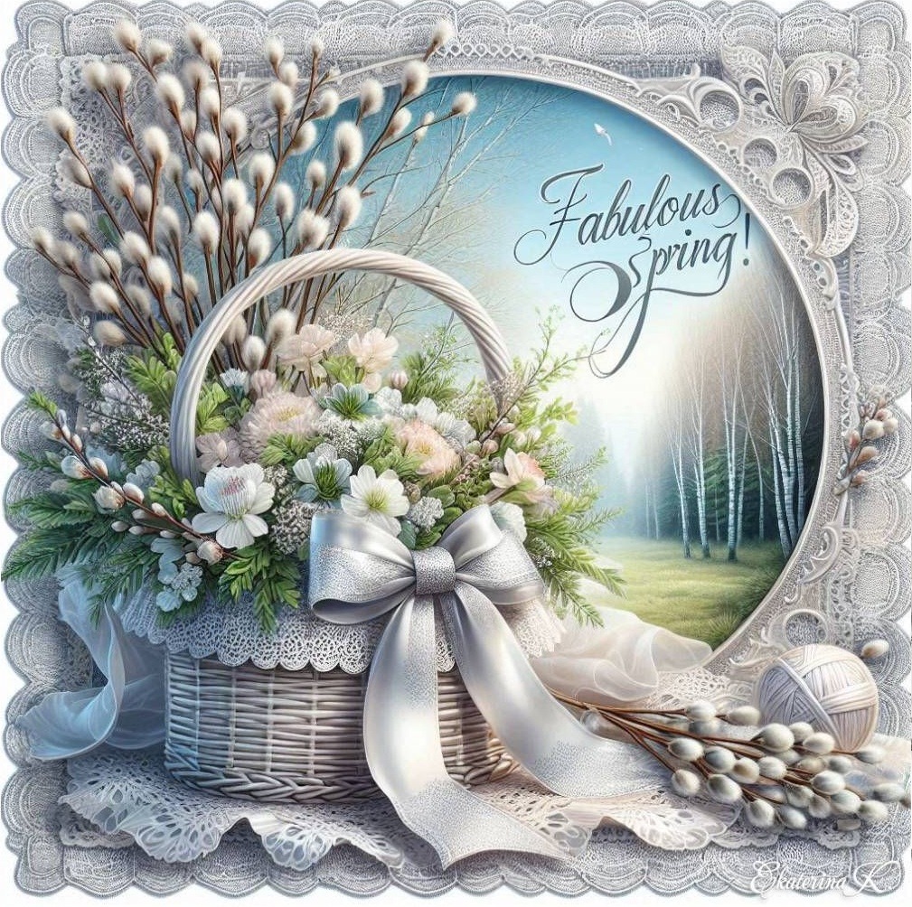 Decorative spring illustration of a flower basket with white blossoms, pussy willow, and lace border