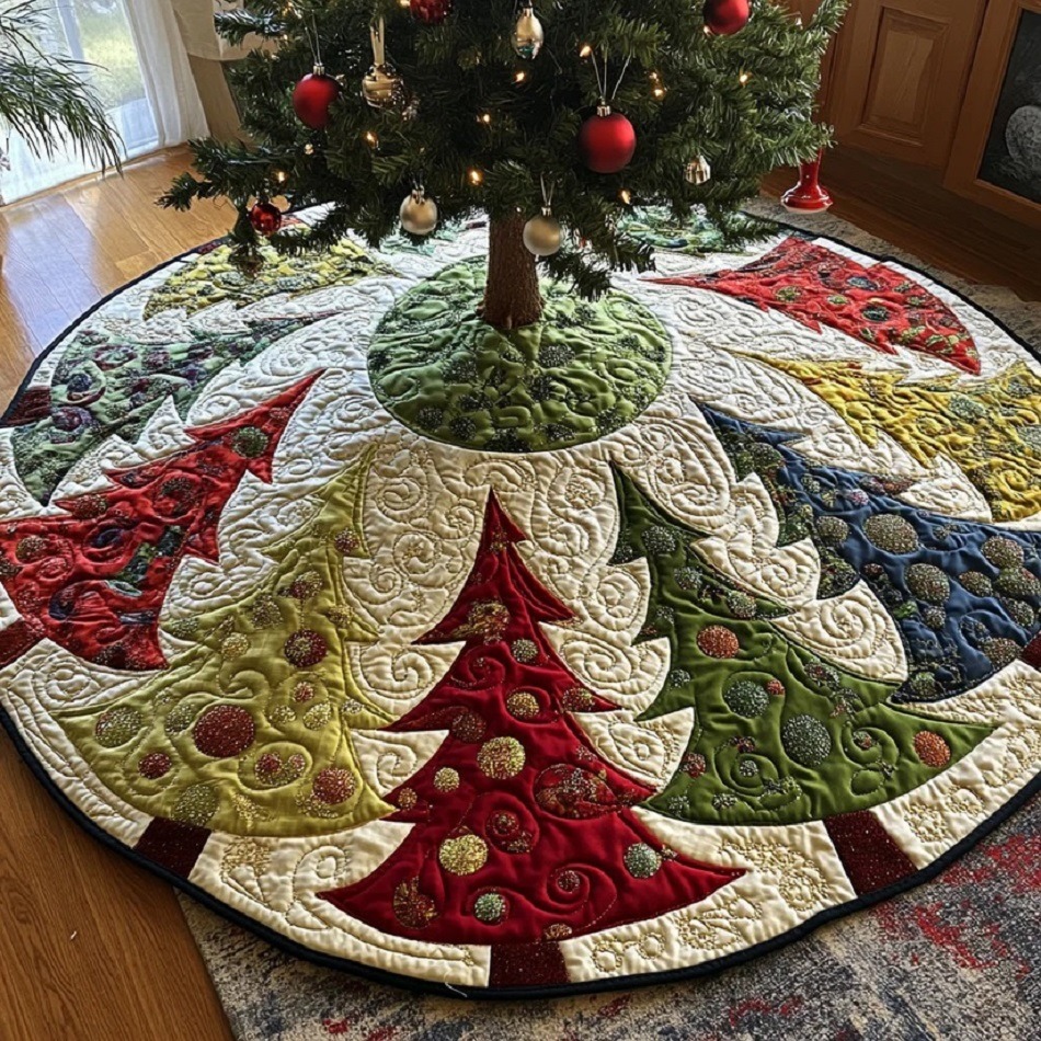 Colorful quilted Christmas tree skirt wrapped around the base of an indoor Christmas tree