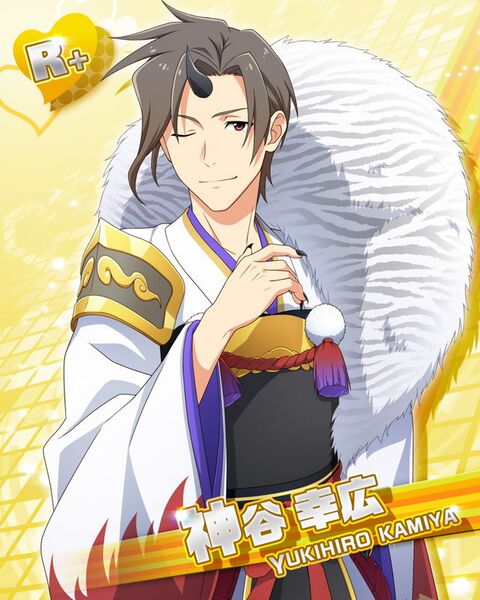 Anime character Yukihiro Kamiya in traditional Japanese outfit with white fur stole, golden card background