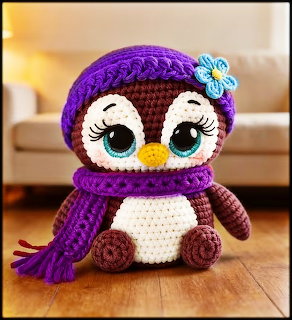 Cute crochet amigurumi penguin toy with purple hat and scarf and blue flower decoration