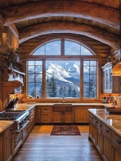 Wooden cabin kitchen with arched window framing snow-covered mountain view