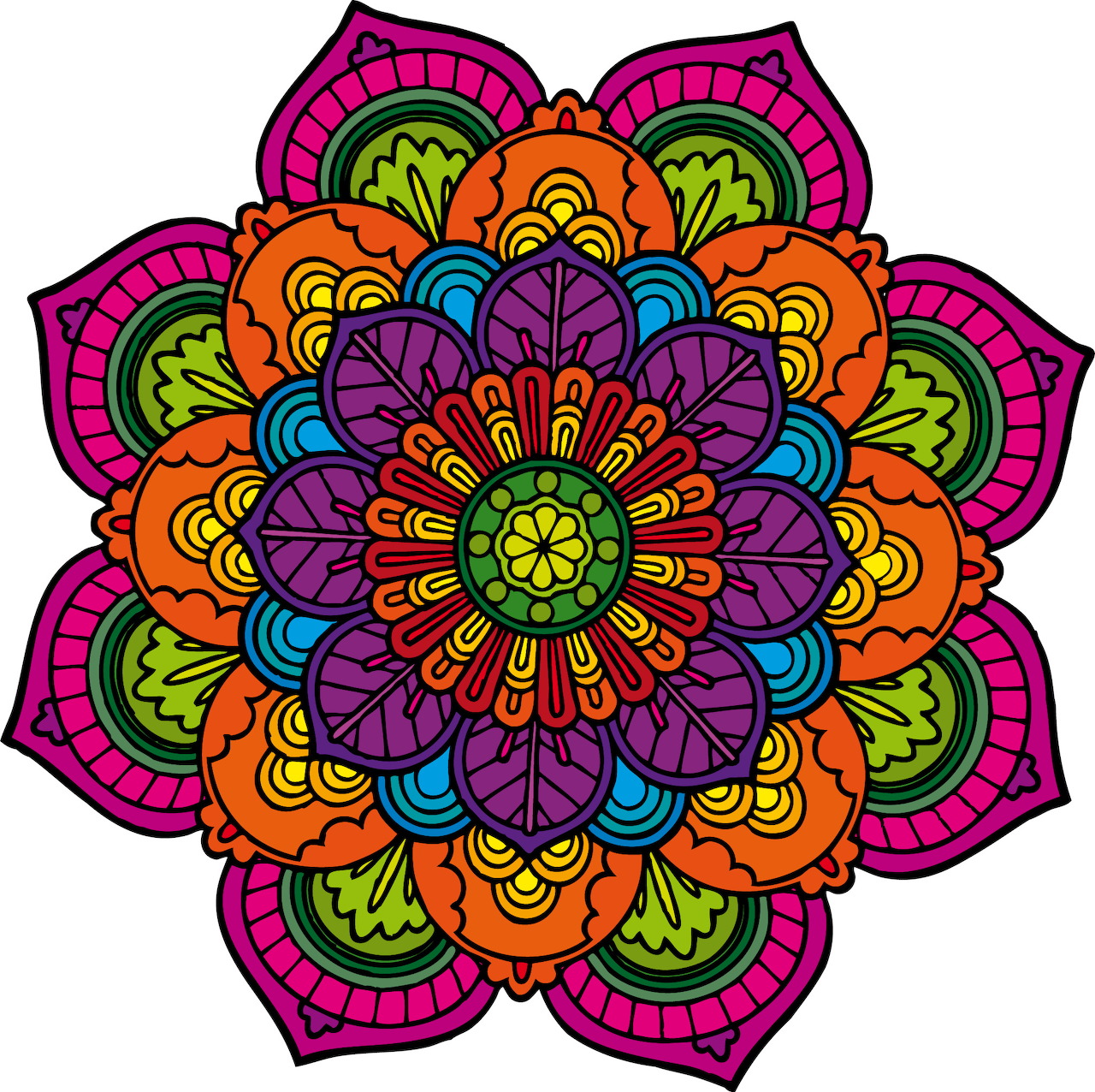 Colorful mandala with symmetrical floral petals in pink, purple, orange, blue, and green