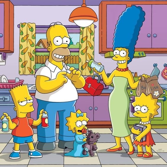 The Simpsons family standing together in their living room