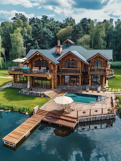 Aerial view of a large wooden lakefront cabin with pool and dock surrounded by trees