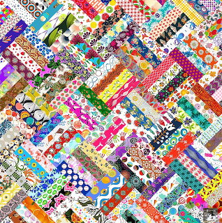 Colorful diagonal patchwork quilt with varied geometric, floral, and abstract fabric patterns in bright rainbow hues