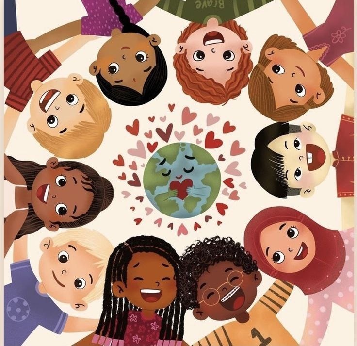 Cartoon children of different backgrounds surrounding the Earth with hearts in the center