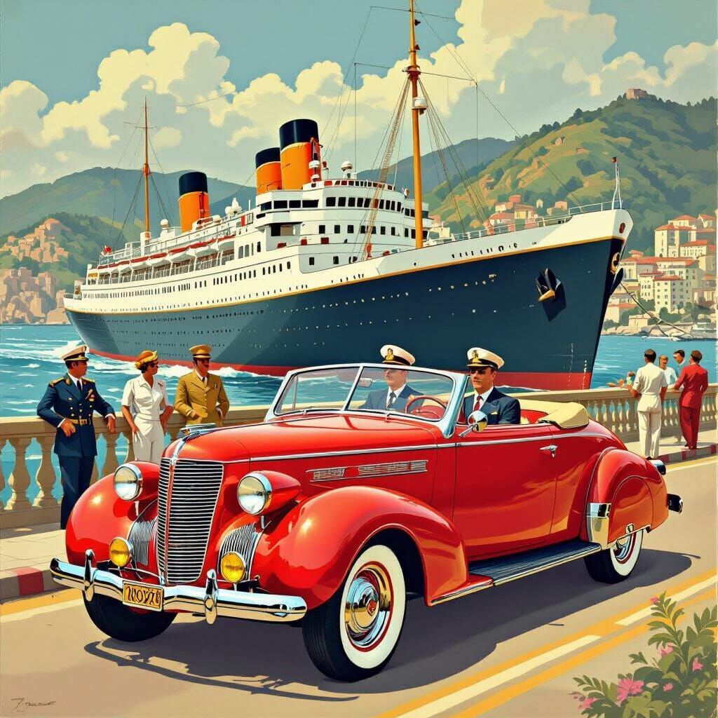 Vintage illustration of red convertible car and ocean liner at harbor with mountains