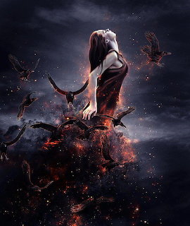 Fantasy woman in red dress with ravens and glowing embers against starry night sky
