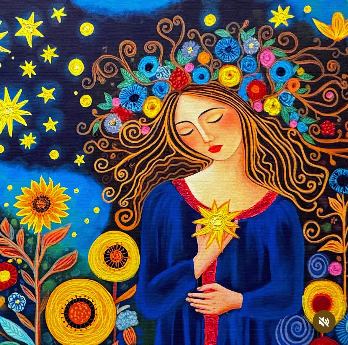 Woman in blue robe with ornate floral crown holding sunflower against starry decorative background