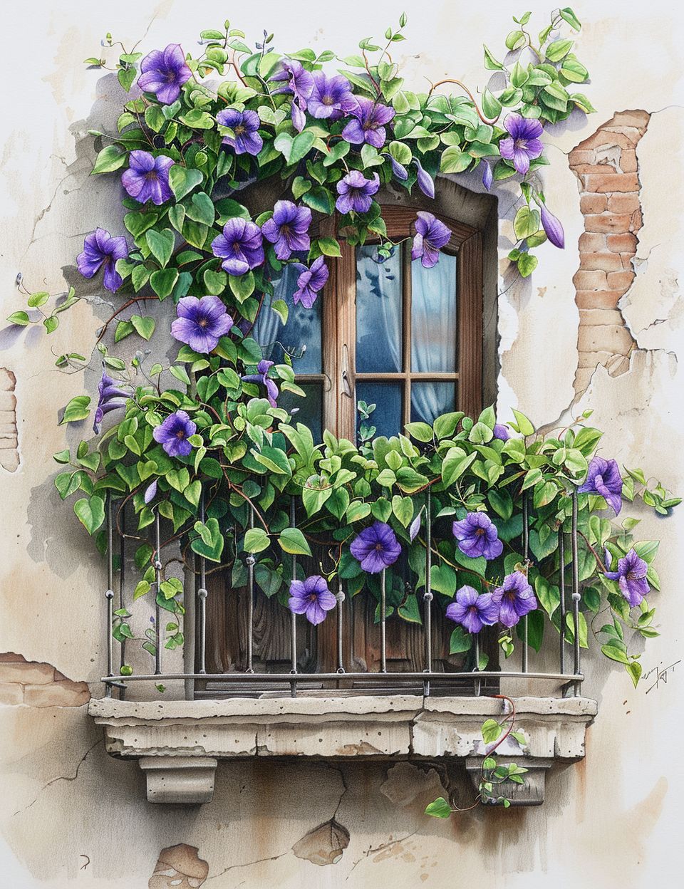 Wooden balcony with purple flowers and vines cascading over iron railing