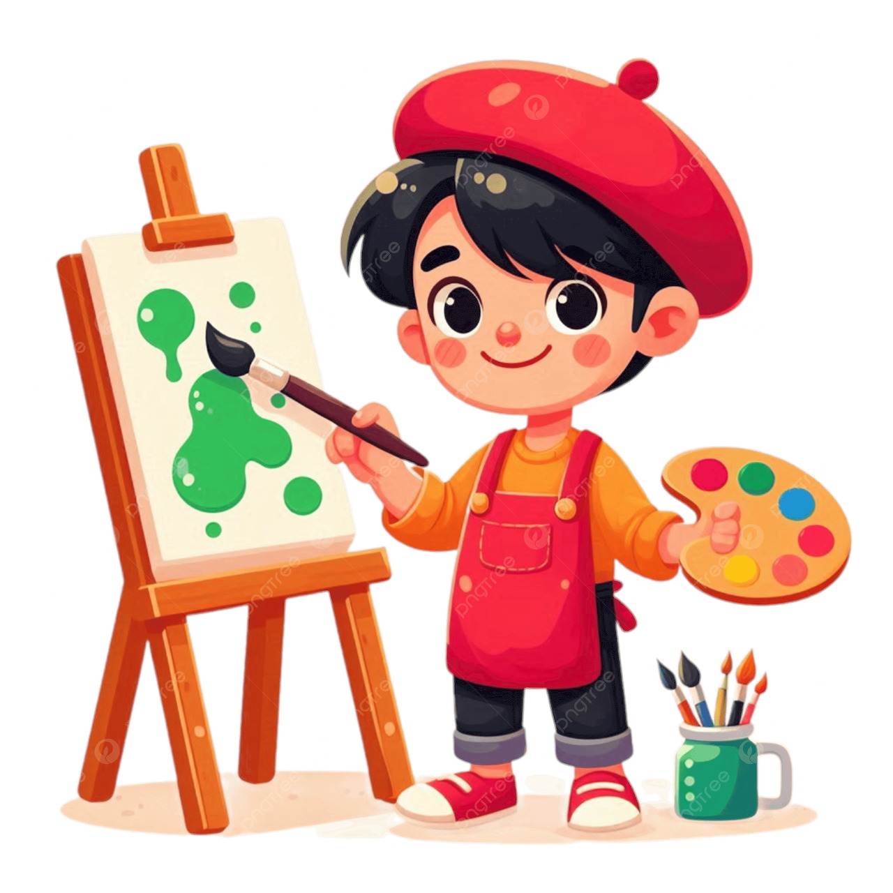 Cartoon boy artist with beret painting at an easel and holding a paint palette