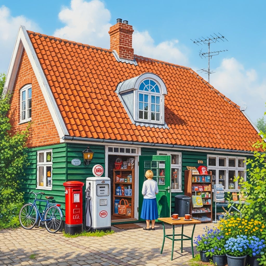 Illustrated cottage shop with orange roof, vintage gas pump, bicycle, and woman at entrance