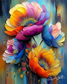 Colorful digital painting of large stylized flowers in purple, orange, blue, and pink tones