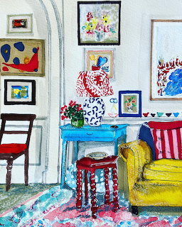 Colorful cottage interior painting with patterned furniture, gallery wall, and bright textiles