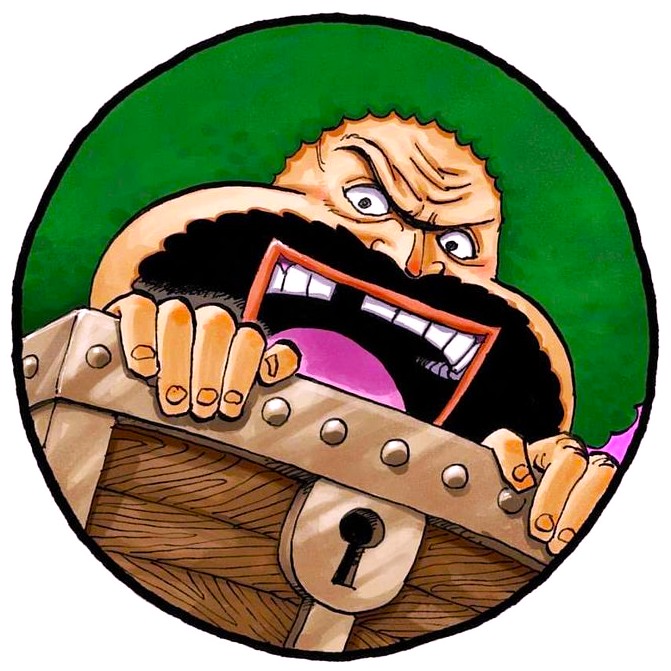 Anime character with wide open mouth holding wooden treasure chest on green background