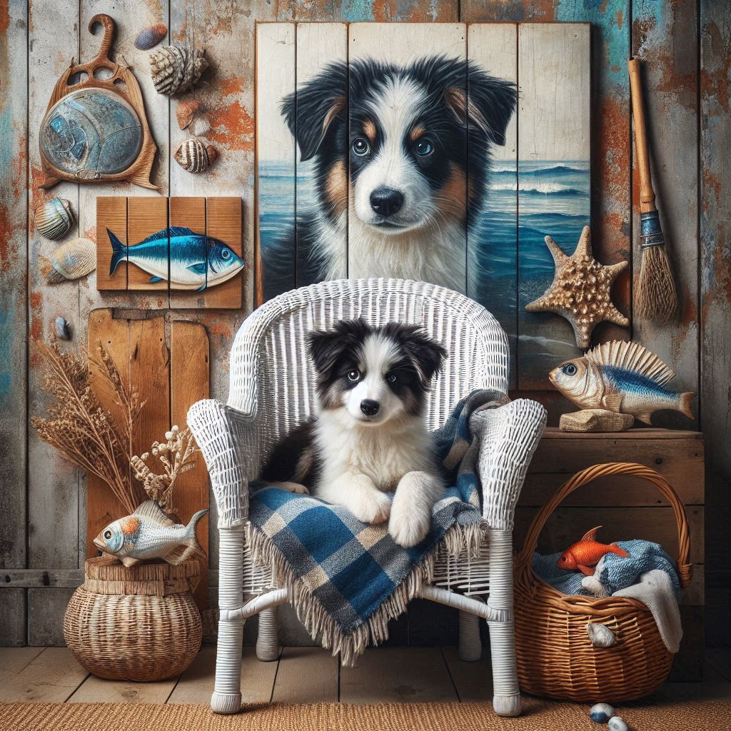 Two Australian Shepherd puppies in a wicker chair in a rustic room with nautical decor