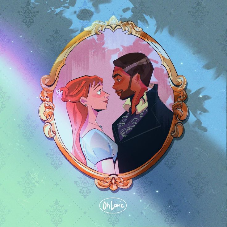 Romantic couple illustration in ornate golden oval frame on gradient starry background