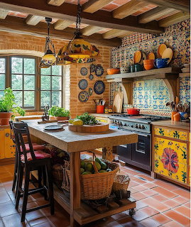 Cozy rustic kitchen with wooden beams, island, colorful tiles, hanging pots, and terracotta floor