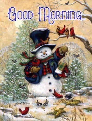 Snowman wearing top hat and scarf surrounded by red cardinals and small birds in snowy winter landscape