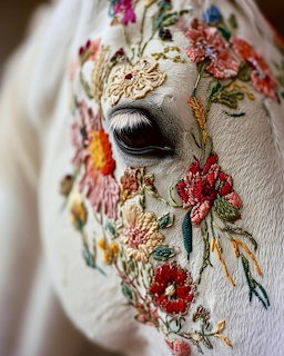 White horse face decorated with colorful floral embroidery and gold thread accents