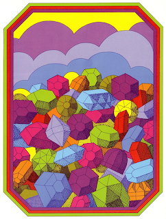 Colorful geometric illustration of crystal-like shapes under purple clouds with yellow sky in octagonal frame