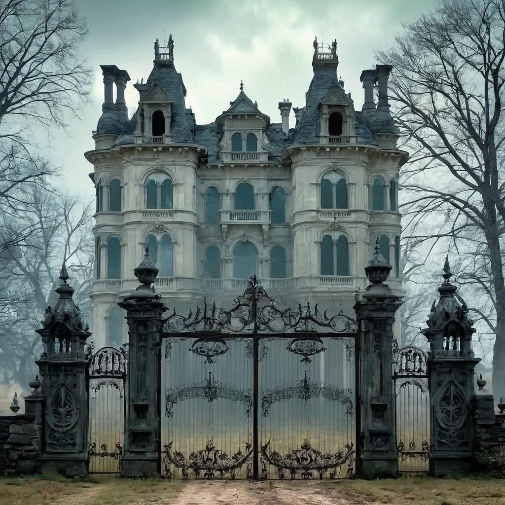 Derelict Victorian mansion with weathered facade, ornate gate, turrets, and flanking bare trees under cloudy sky