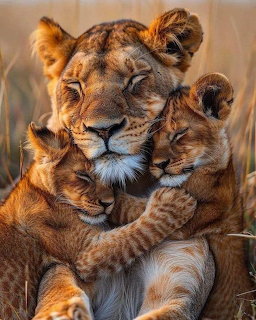 Lioness holding two young lion cubs close in an affectionate embrace