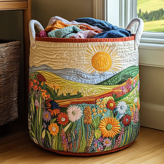 Round quilted fabric storage basket with embroidered pastoral landscape and floral design sitting on wooden floor