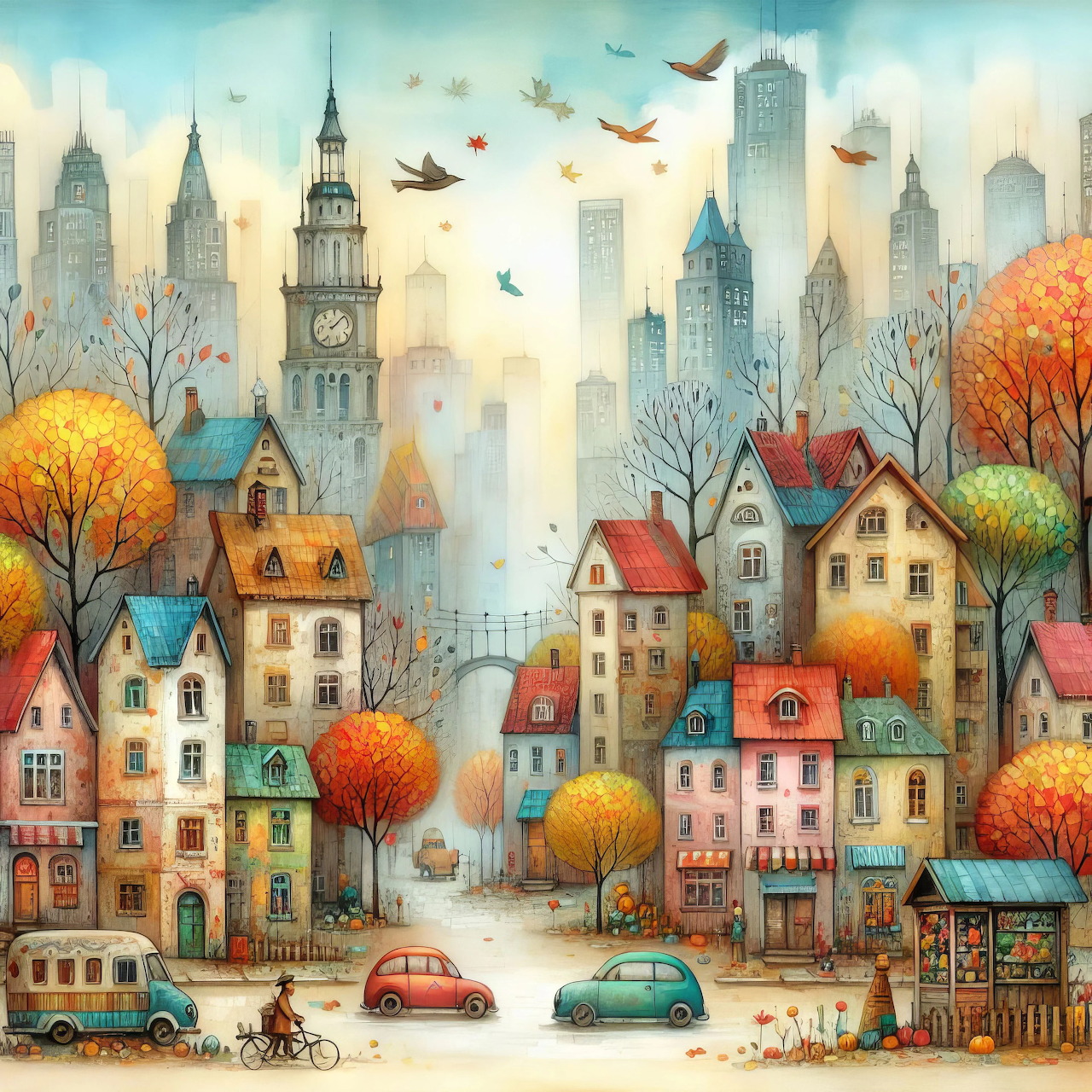 Whimsical illustration of a colorful city with autumn trees, houses, clock tower, cars, and birds in pastel sky