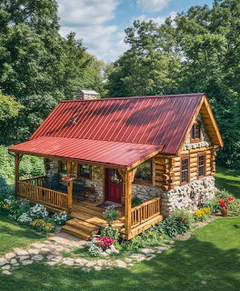 Rustic log cabin with red roof and stone chimney surrounded by lush green lawn and trees
