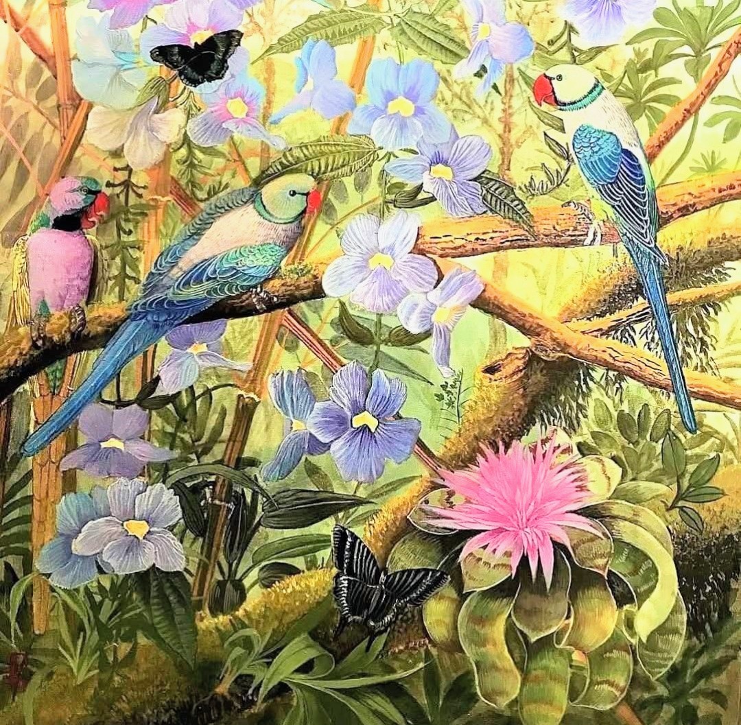 Colorful parrots among blue flowers and lush tropical foliage in a detailed painting