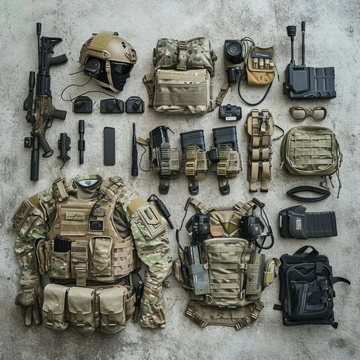 Flat lay of tactical gear with helmet, vests, pouches, radio, gloves, and backpack on a gray surface