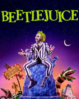 Beetlejuice in striped suit on tombstone under purple night sky with moon