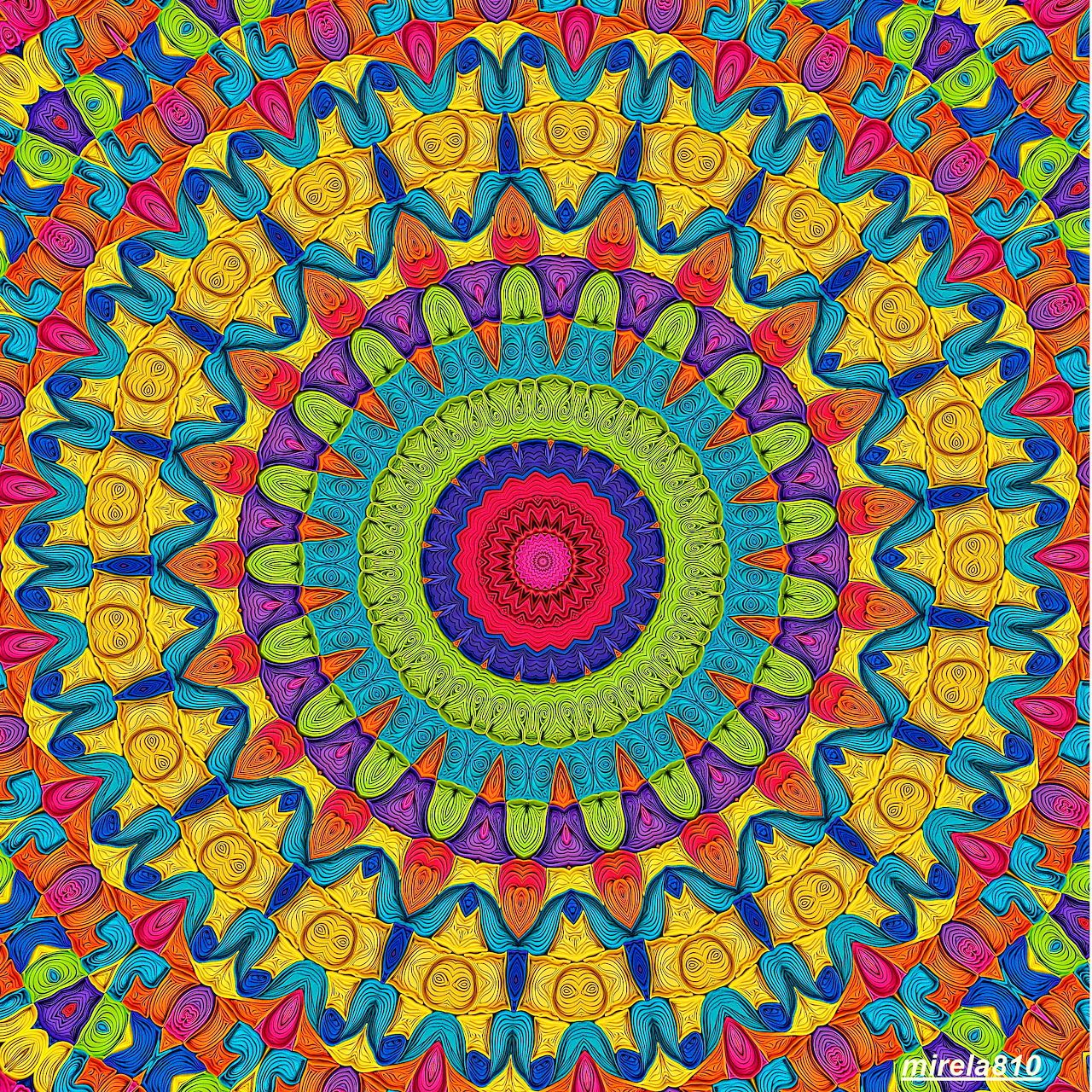 Bright symmetrical mandala with yellow roses, green foliage, and rainbow concentric circles on multicolored geometric background