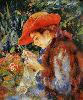 Impressionist painting of woman in red hat looking at colorful flowers