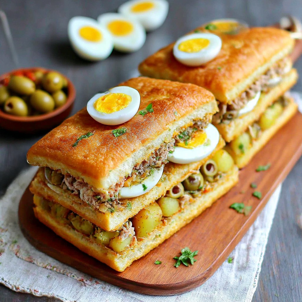 Two Tunisian fricassé sandwiches stuffed with egg, tuna, potatoes, and olives on a wooden board