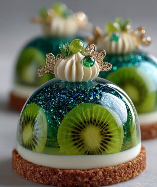 Glossy dome pastries with kiwi slices, cream topping, and biscuit bases