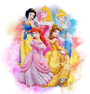 Five Disney princesses in elegant ball gowns posed together on a soft watercolor background