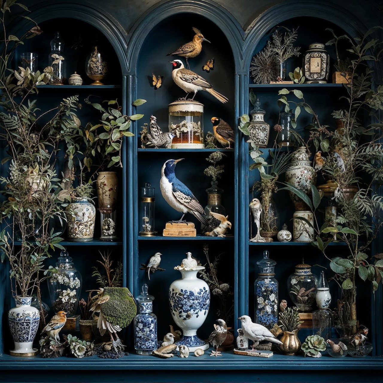 Antique display cabinet filled with blue and white porcelain vases, taxidermy birds, dried botanicals, and vintage lanterns