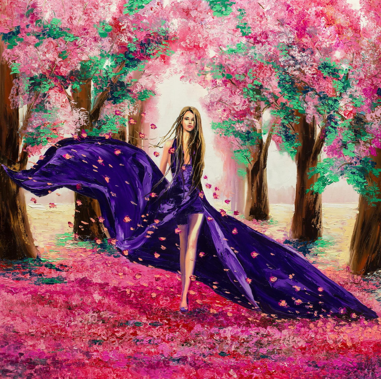 Lady in Purple Dress Cherry Blossom Forest